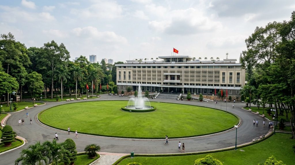 Reunification Palace building and gardens in Ho Chi Minh City