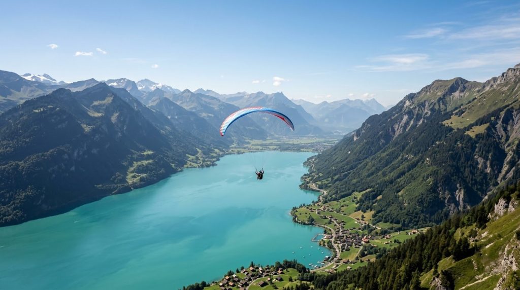 Paraglider soaring above turquoise Lake Brienz near Interlaken