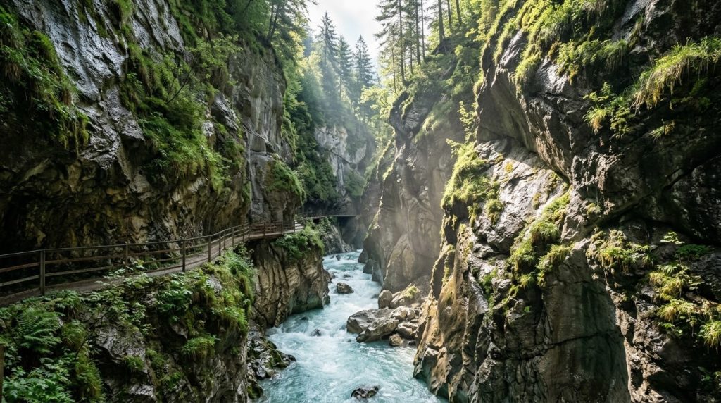 Turquoise river gorge with sunlight near Interlaken, Switzerland