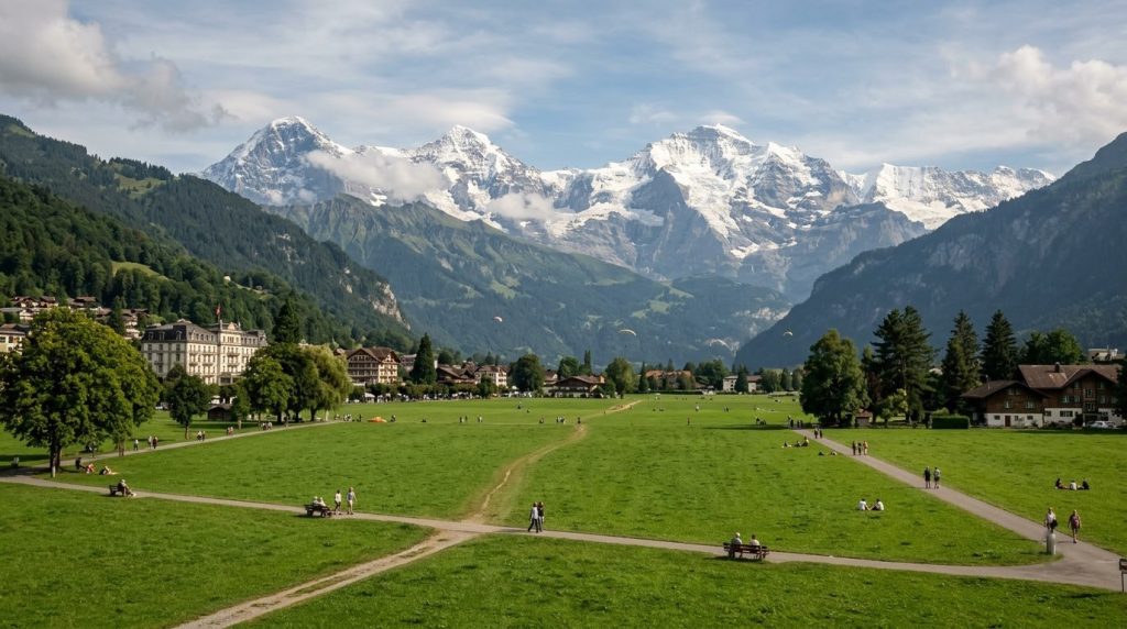 Hohematte meadow in Interlaken with snow-capped Alps behind