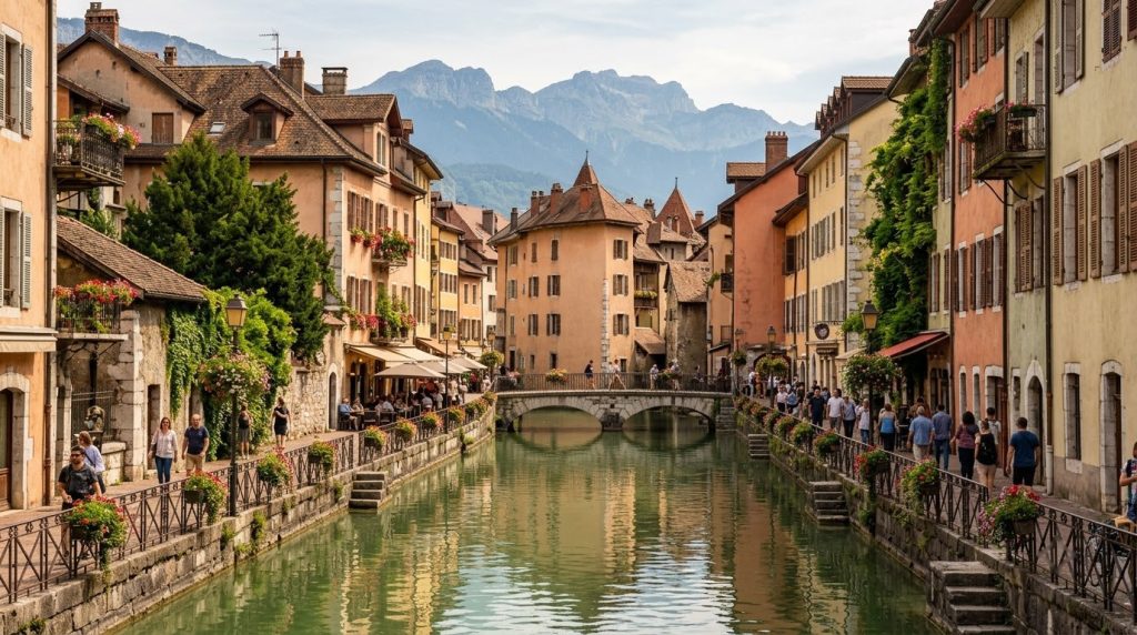 Colorful old houses along a canal in Annecy's old town, France