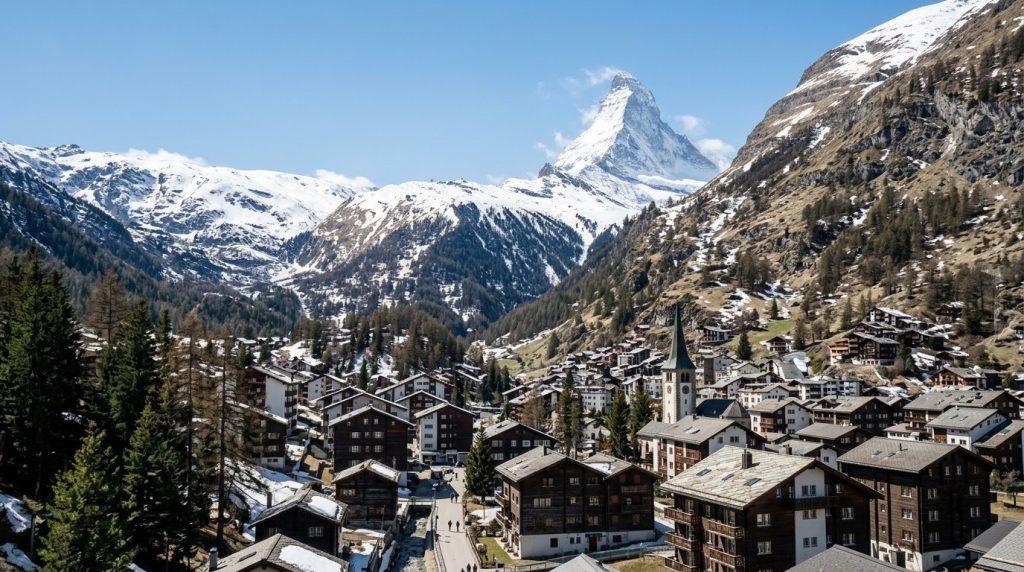 Snow-capped Matterhorn peak above the village of Zermatt