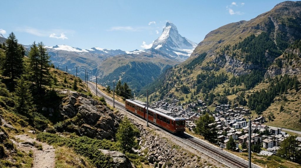 Red Gornergrat cogwheel train climbing above Zermatt, Switzerland