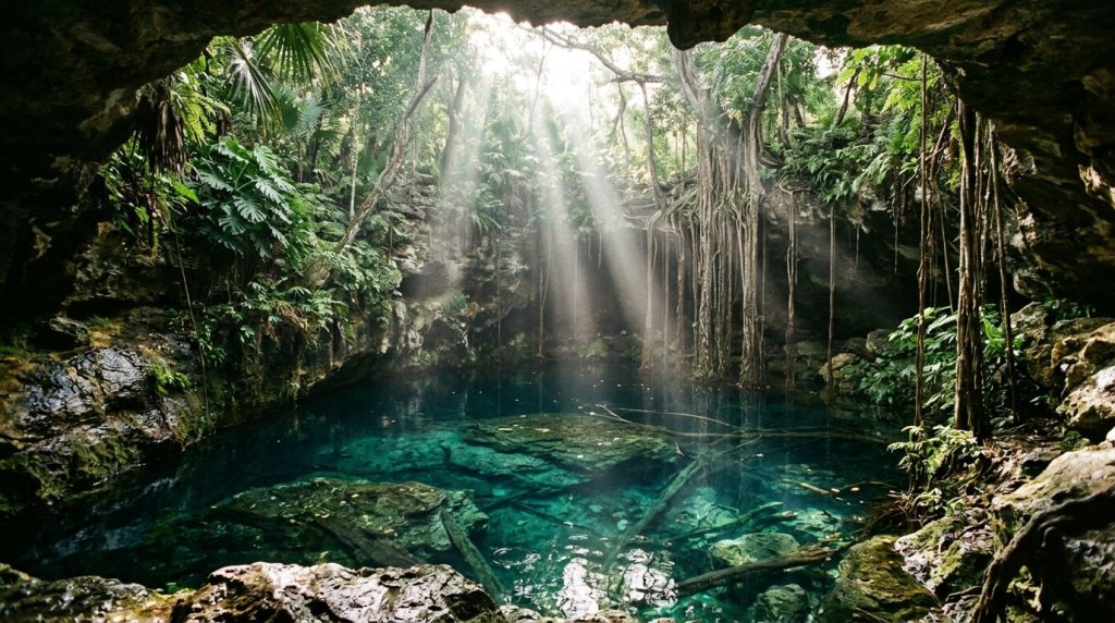 Sunlight beaming into a turquoise jungle cenote near Tulum