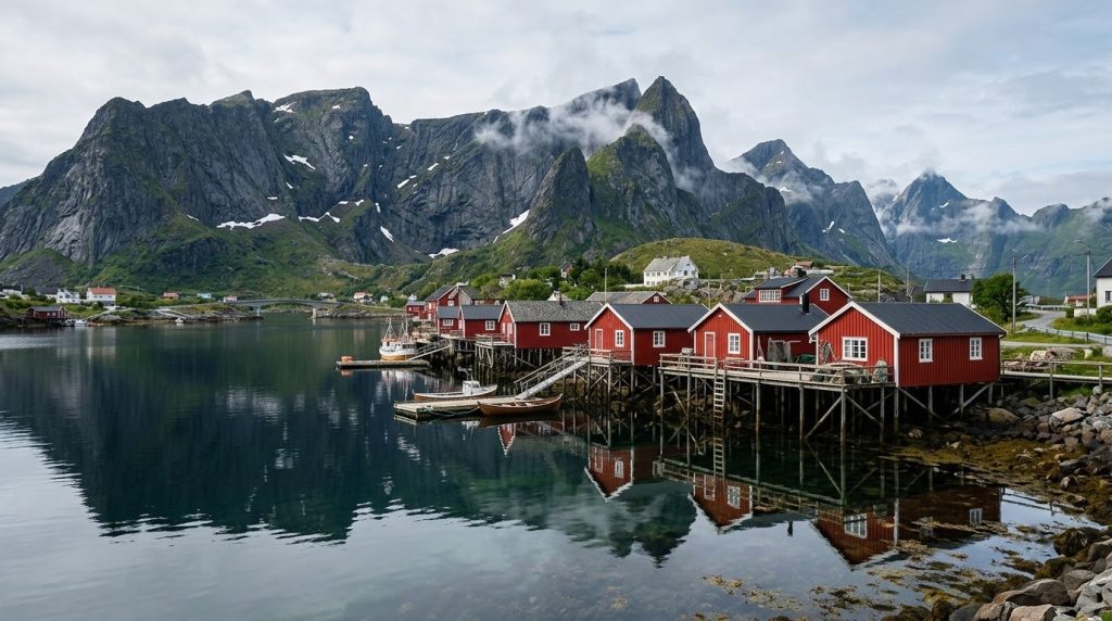 Red fishing cabins on stilts in Reine, Lofoten Islands, Norway
