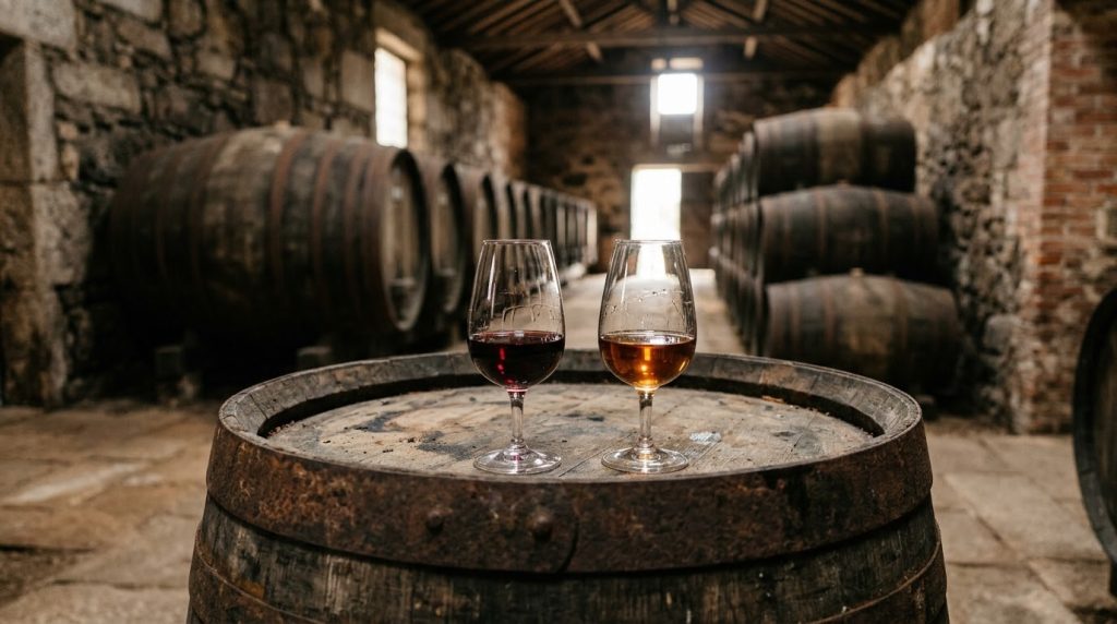 Glasses of port wine on a barrel in a Porto wine cellar