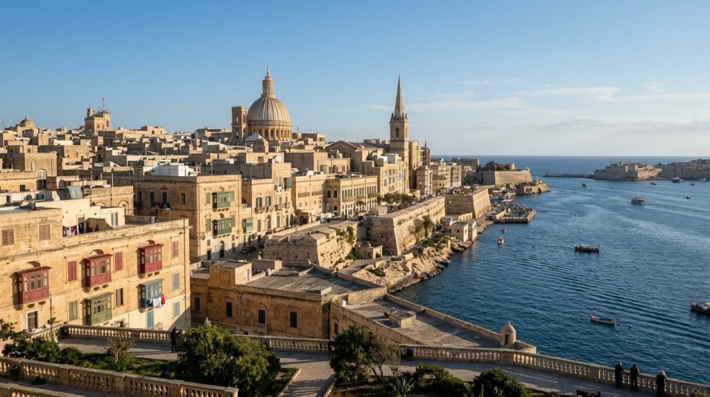 Golden limestone buildings overlooking the Grand Harbour, Valletta