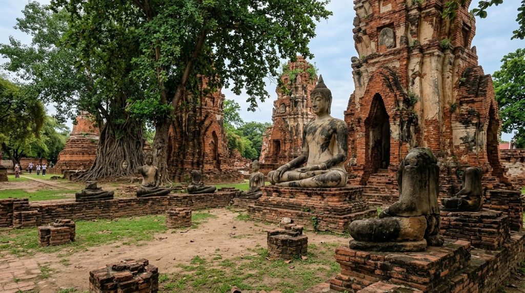 Ancient Buddha statues among temple ruins at Ayutthaya, near Bangkok