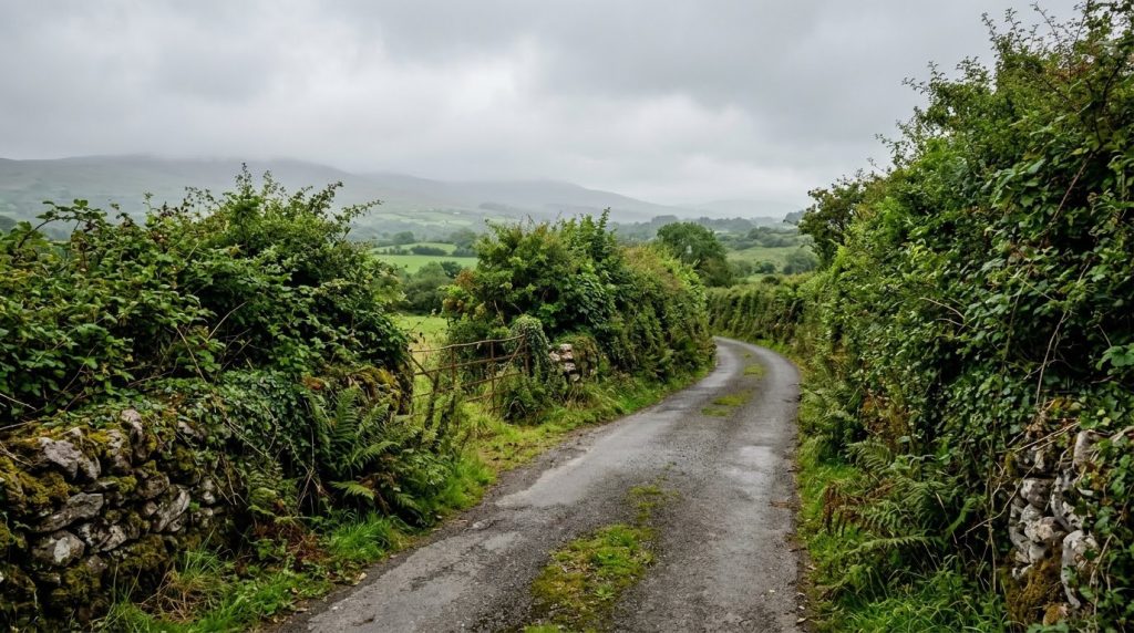 Quiet country road with hedgerows on the outskirts of Killarney