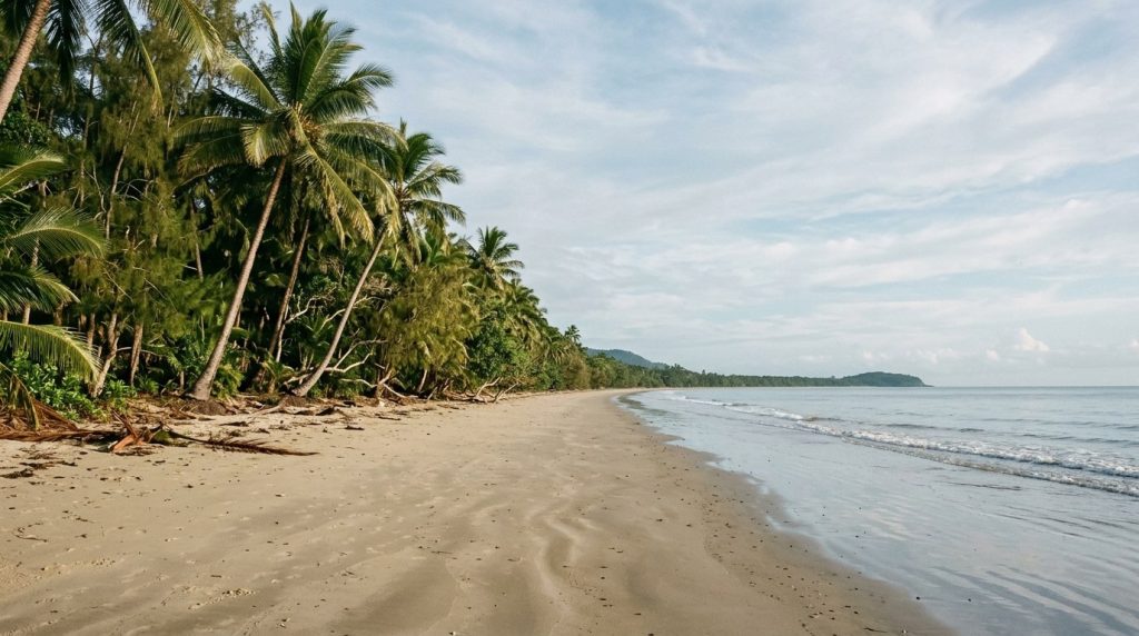 Four Mile Beach lined with palm trees in Port Douglas, Queensland