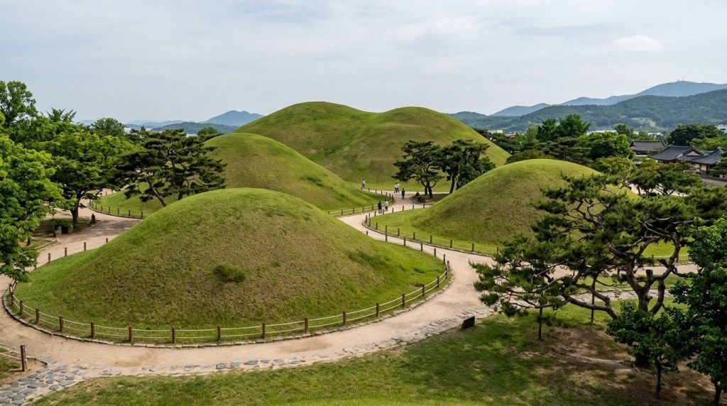 Grass-covered ancient burial mounds at Daereungwon Tomb Complex, Gyeongju