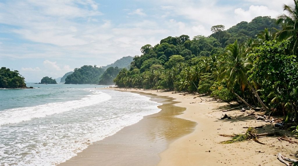 Palm-fringed beach backed by rainforest at Manuel Antonio, Costa Rica