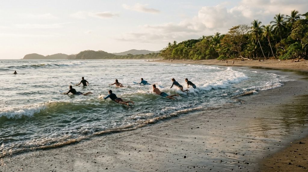 Surfers paddling out at the beach break in Tamarindo, Costa Rica