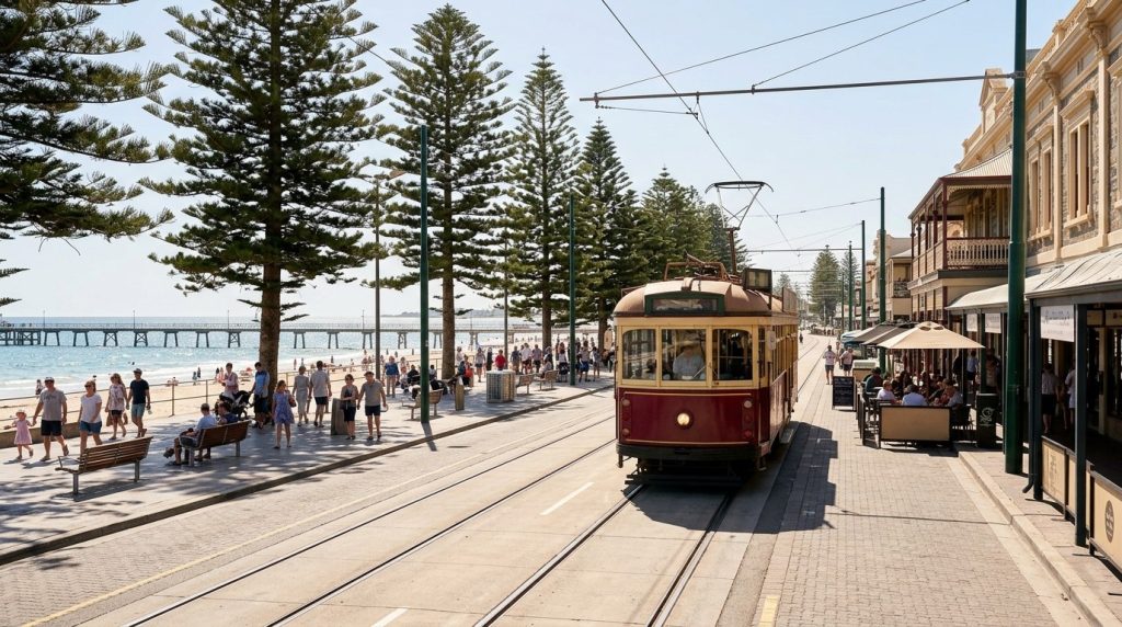 Vintage tram along the beachfront at Glenelg, Adelaide