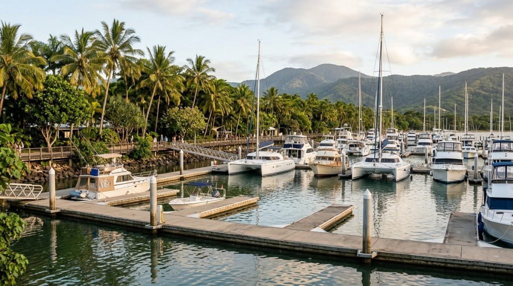 Boats moored at the marina in Port Douglas, Queensland, Australia
