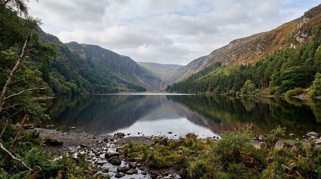 Still lake surrounded by forested mountains at Glendalough, Wicklow