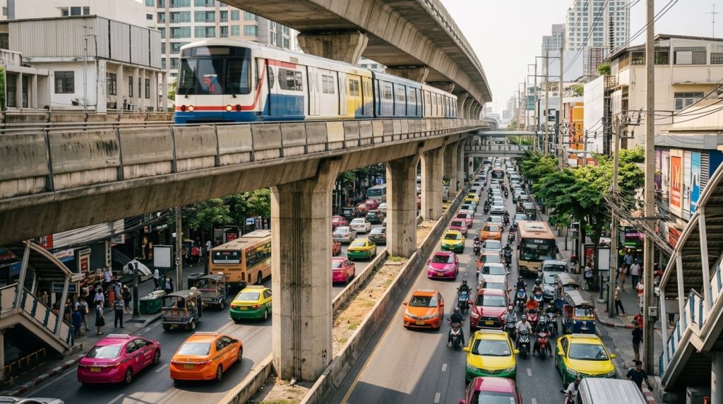 Elevated BTS Skytrain above a busy street in Bangkok, Thailand