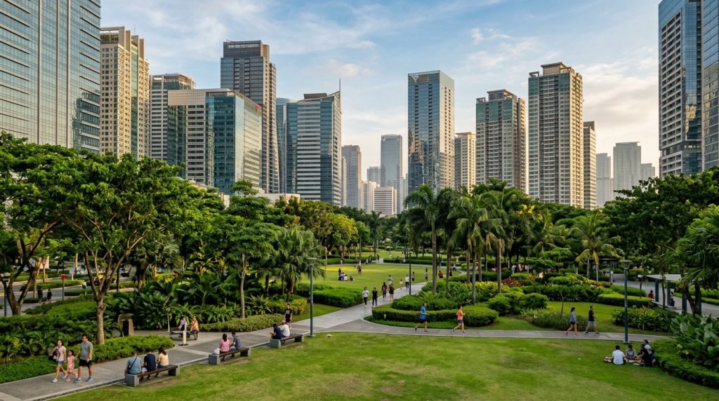High-rise towers and a park in Bonifacio Global City, Manila