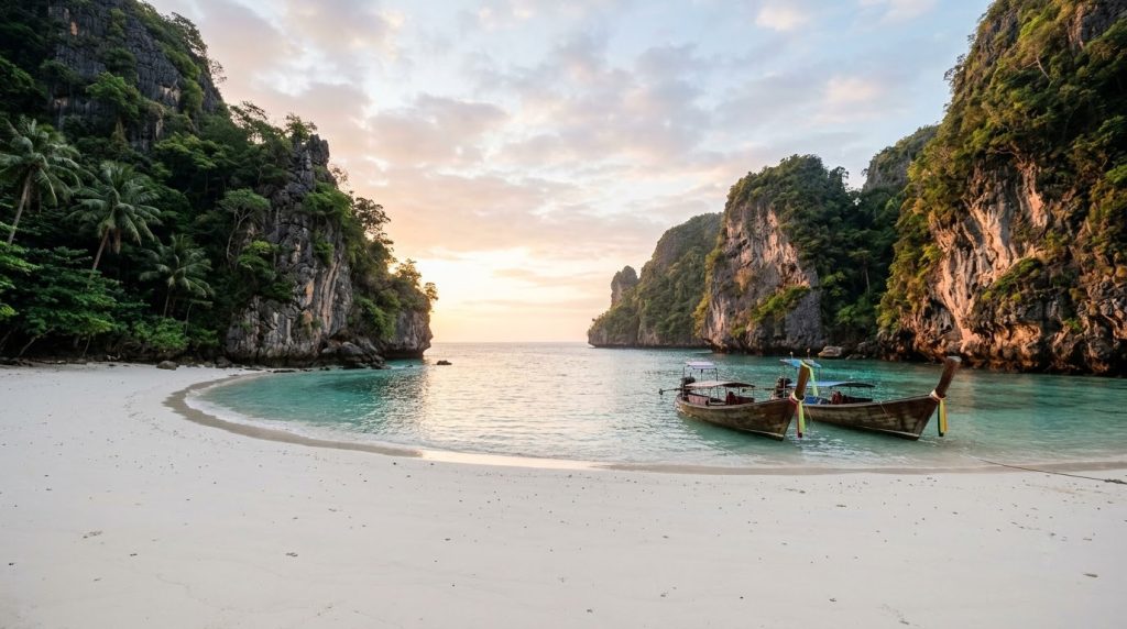 Secluded cove on Phuket's coast at sunrise with anchored long-tail boats