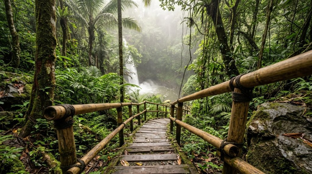 Jungle steps leading down to a waterfall entrance near Ubud, Bali