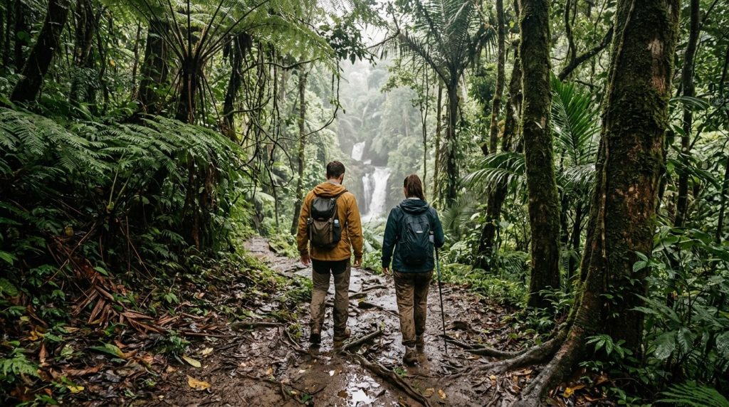 Hikers walking a muddy jungle trail toward a waterfall near Ubud, Bali