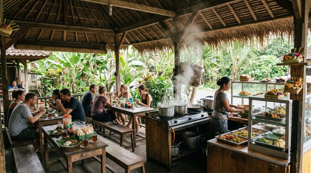 Open-air warung with thatched roof serving traditional dishes in Ubud, Bali