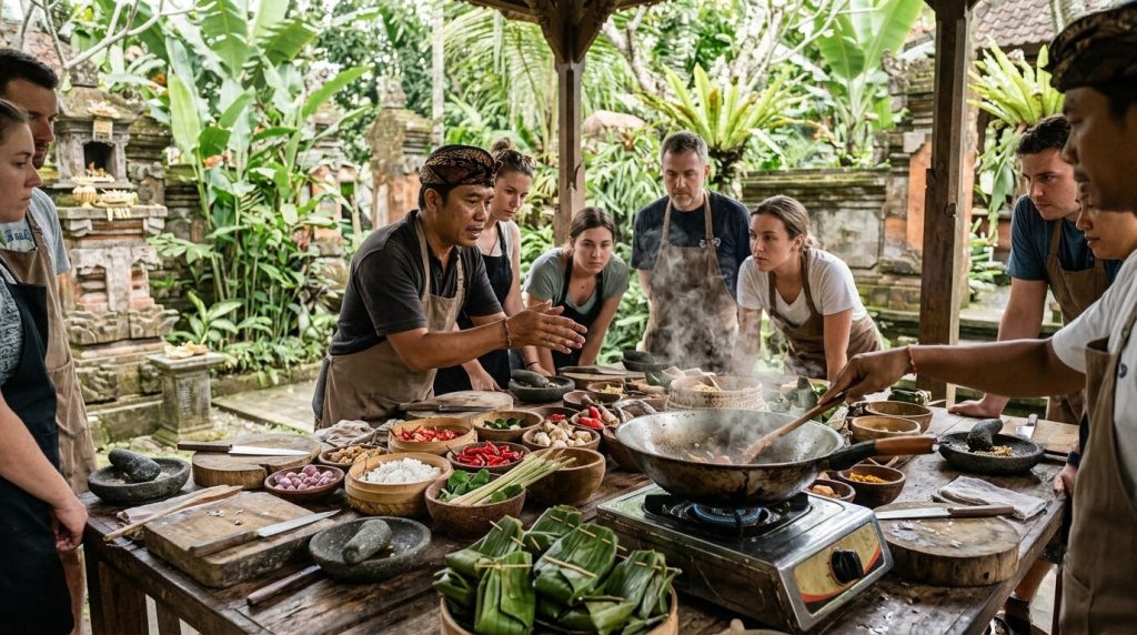 Outdoor cooking class with a sizzling wok and banana-leaf parcels in Ubud, Bali