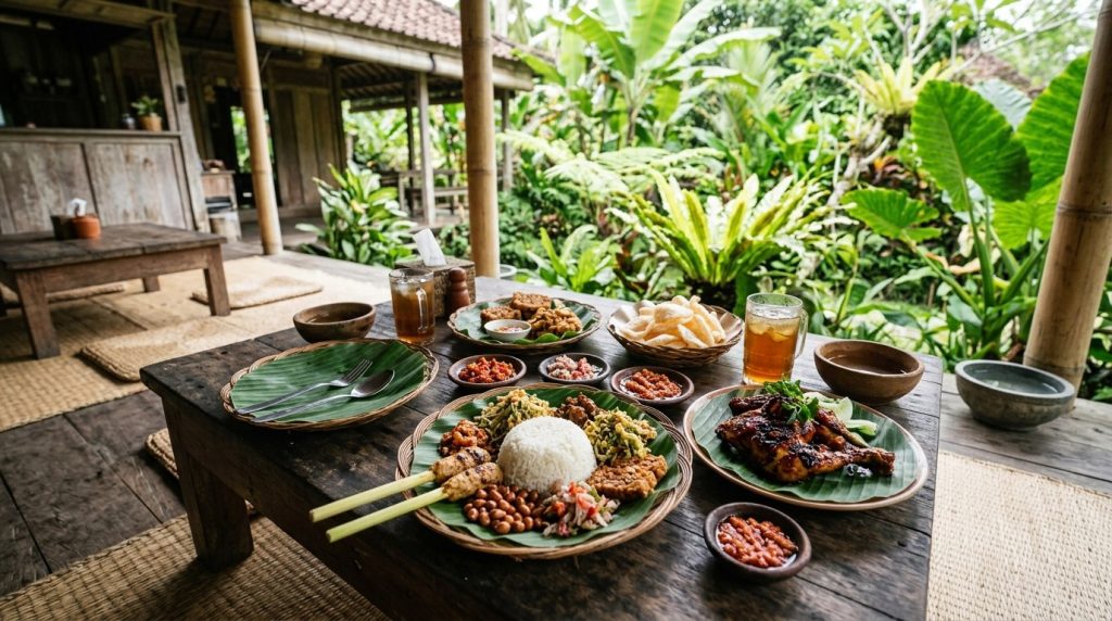 Nasi campur spread on a warung table surrounded by tropical plants in Bali