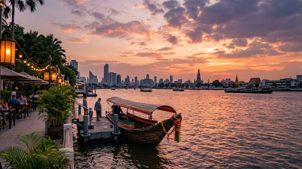 Riverside promenade and hotel pier along the Chao Phraya in Bangkok