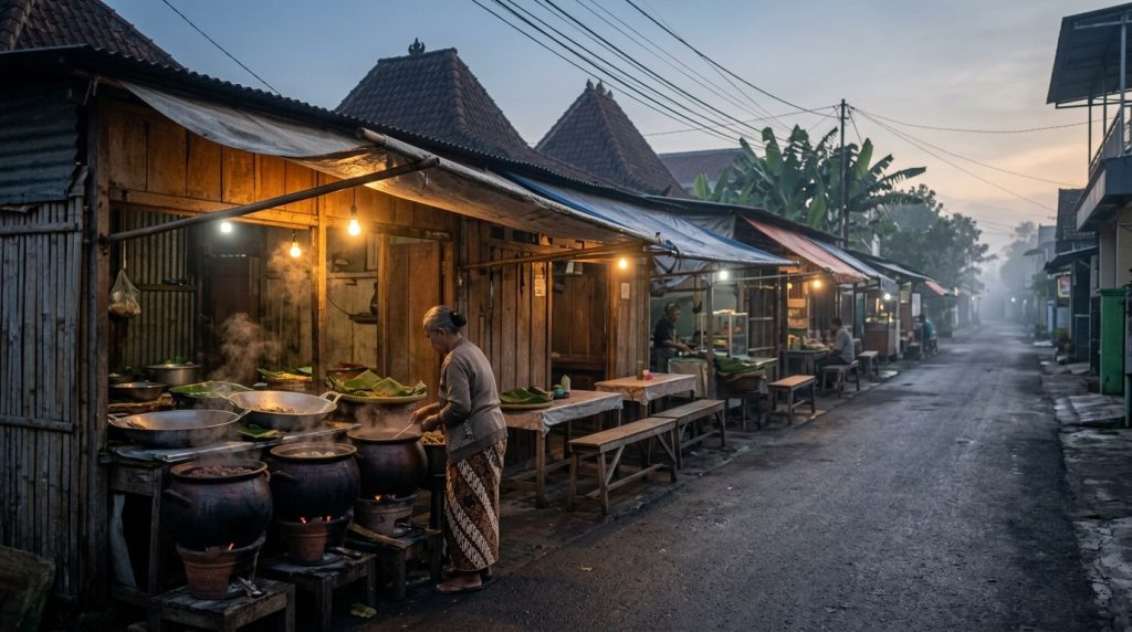 Wooden food stalls on Wijilan Food Street serving gudeg in Yogyakarta