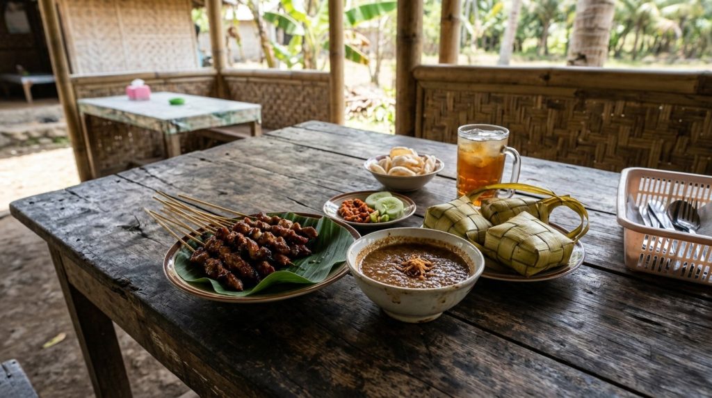 Sasak satay and rice wrapped in coconut leaf on a Lombok warung table