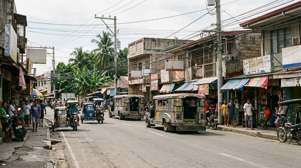 Ordinary daytime street traffic with jeepneys and tricycles in Cebu City