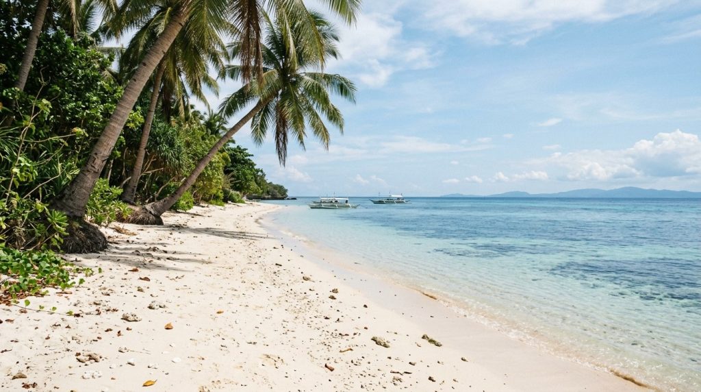 Quiet white-sand beach on Mactan Island near Cebu with calm shallows