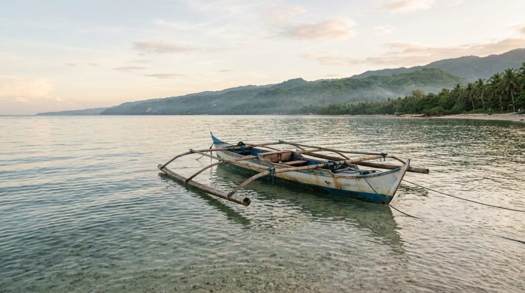 Wooden outrigger boat on calm shallow water off Oslob, Cebu, at dawn