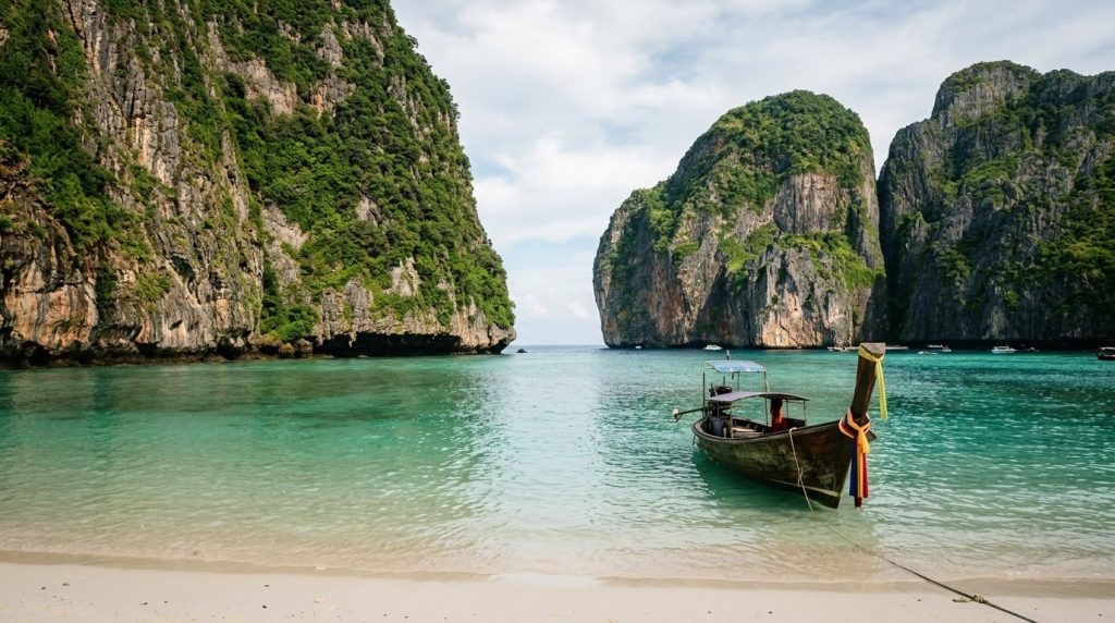 Maya Bay at Koh Phi Phi with limestone cliffs and a longtail boat