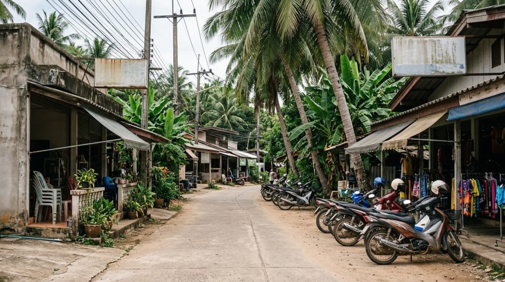 Quiet village street with parked motorbikes in Saladan, Koh Lanta