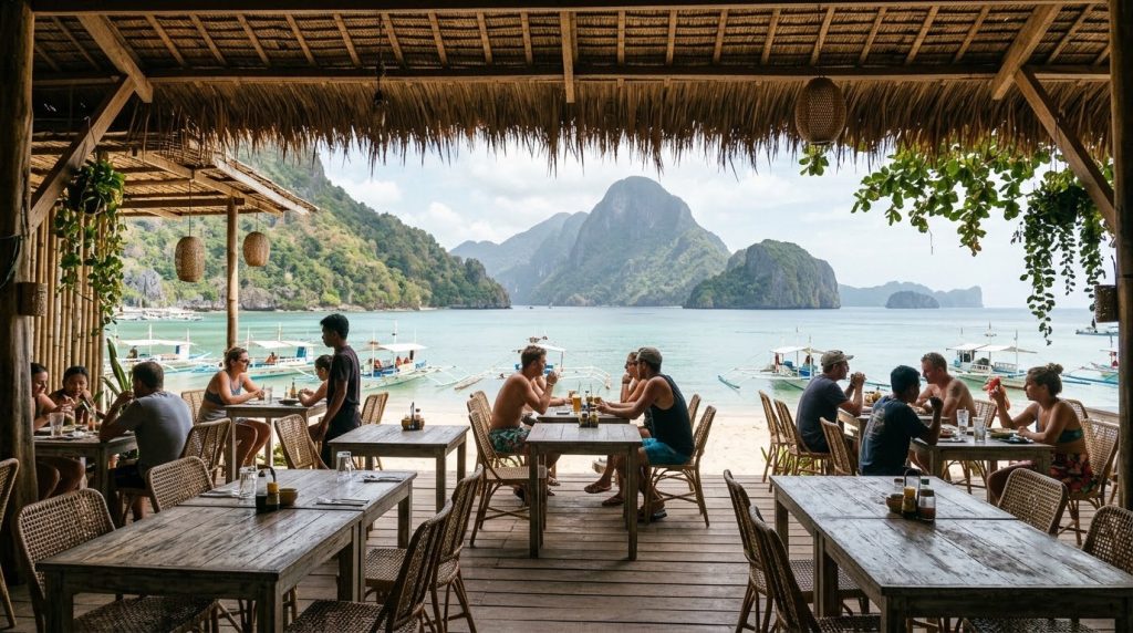 Beachfront restaurant terrace with karst islands behind it in El Nido, Palawan