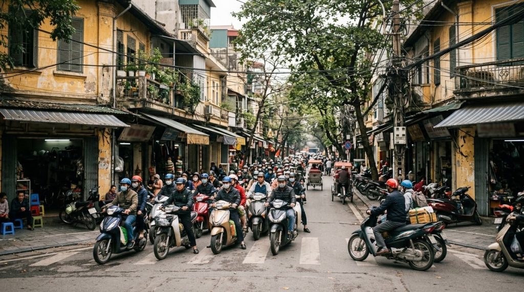 Scooters queuing at an orderly intersection in Hanoi's Old Quarter