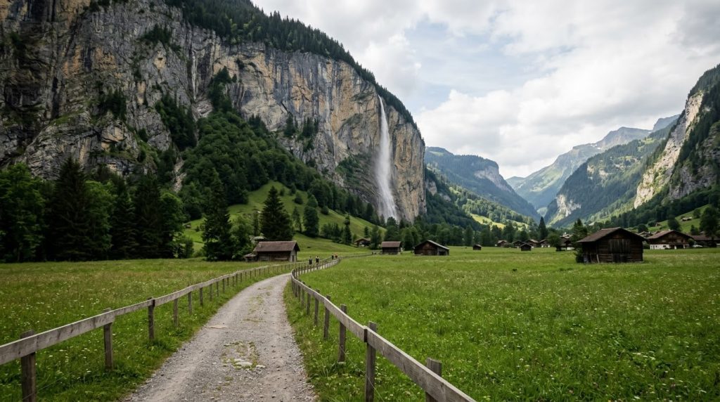 Valley-floor trail beside Staubbach Falls in Lauterbrunnen, Switzerland