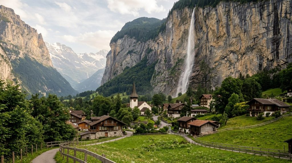 Lauterbrunnen's church steeple framed by Staubbach Falls, Switzerland