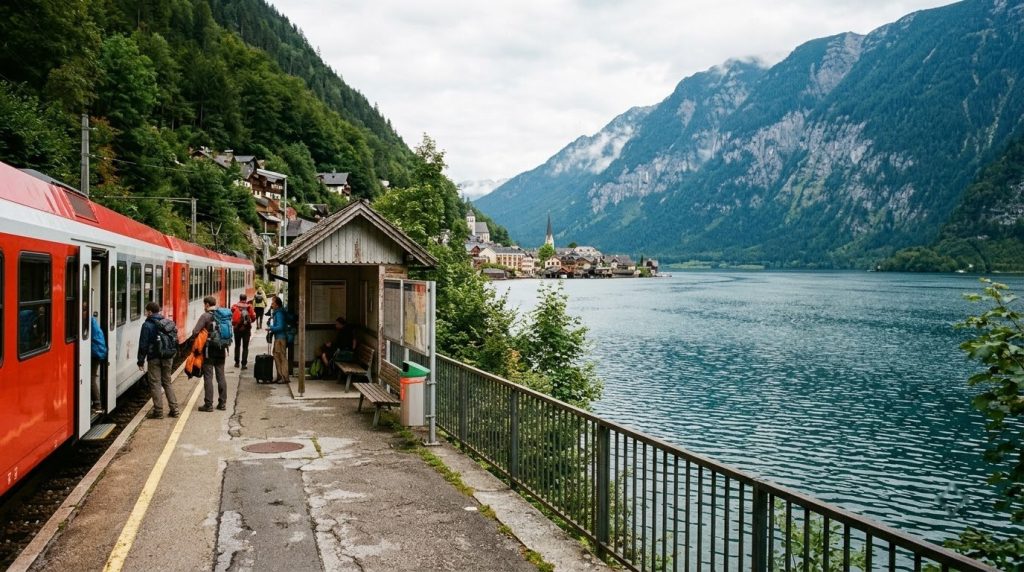 Train platform across the lake from Hallstatt village, Austria