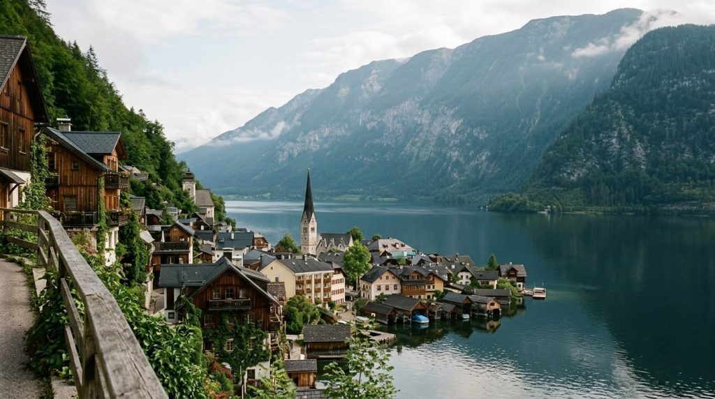 Postcard viewpoint over Hallstatt's church steeple and lake, Austria