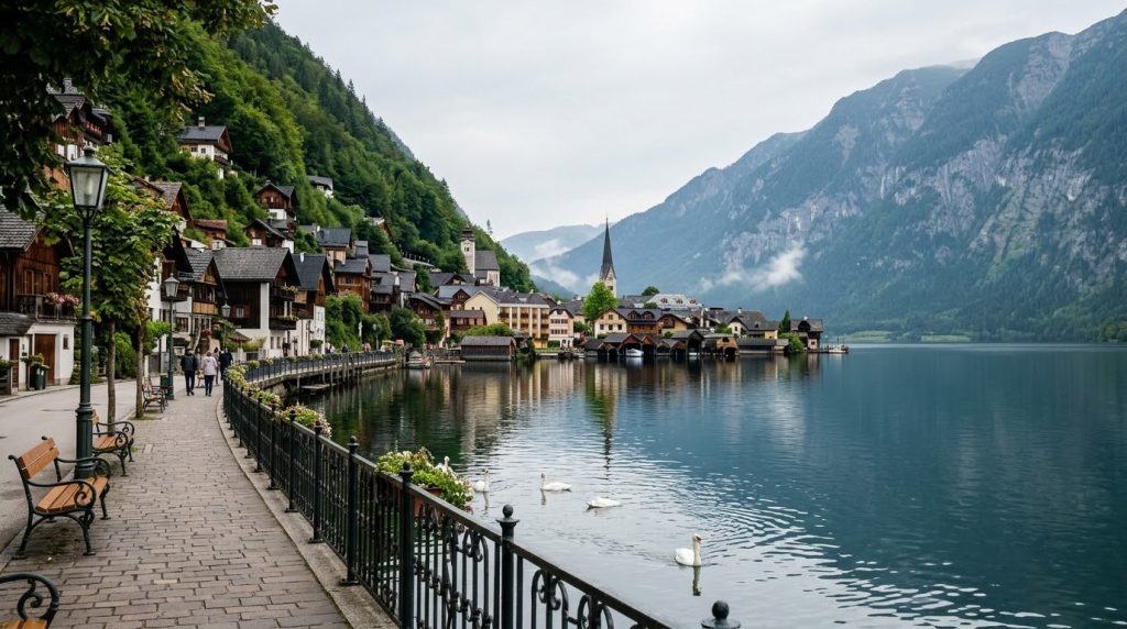 Swans on the lakeside promenade in Hallstatt, Austria
