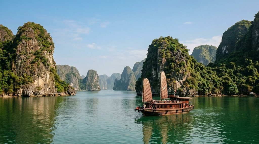 Limestone karsts rising from calm water with a junk boat in Halong Bay