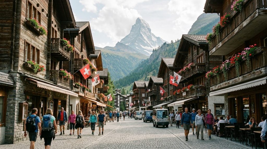Car-free Bahnhofstrasse lined with chalets and the Matterhorn beyond, Zermatt