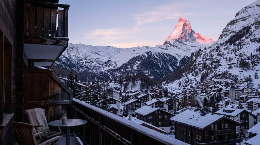 Hotel balcony view of the Matterhorn glowing at sunrise in Zermatt