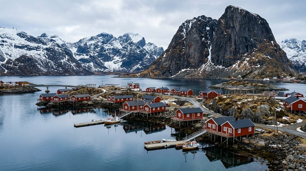 Red rorbuer cabins along the fjord in Reine, Lofoten Islands, Norway