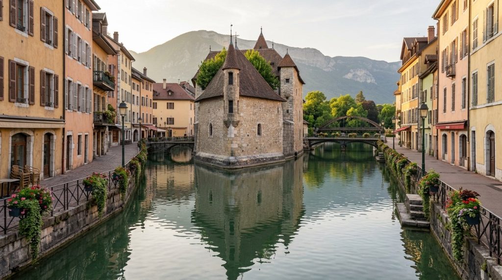 Palais de l'Isle reflected in the canal in Annecy's old town, France