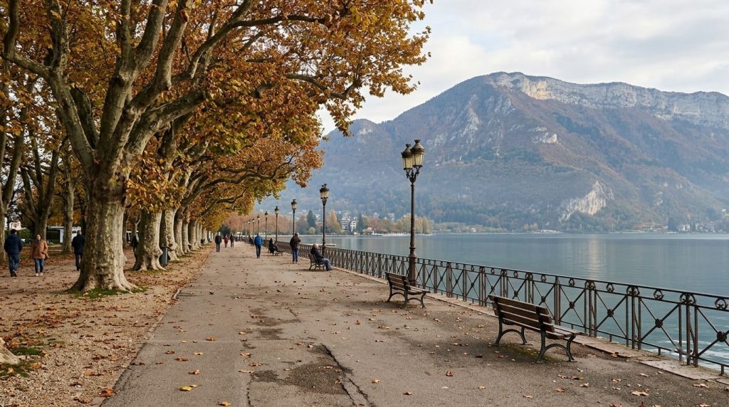 Quiet autumn promenade along Lake Annecy during the shoulder season