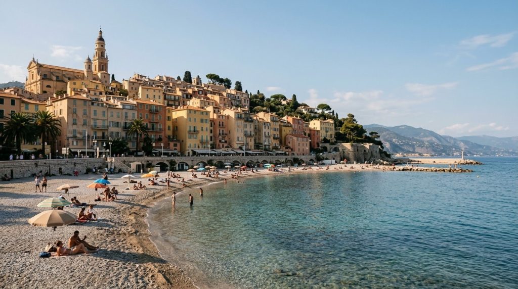 Pebble beach beneath the old town at Plage des Sablettes, Menton